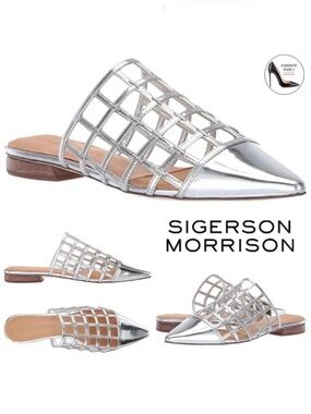 SIGERSON MORRISON Eddi caged mirrored silver leather mules flat heel sandals 37